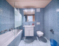 a glass with a blue tiled shower